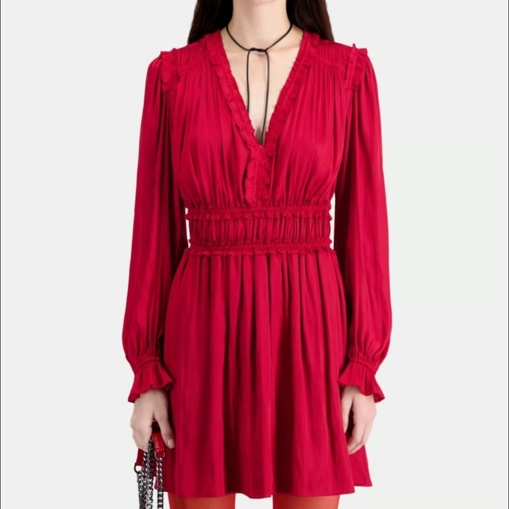 The Kooples NEW Red Ruffle V Neck Long Sleeve Smocked Waist Midi Dress FR 1/US S